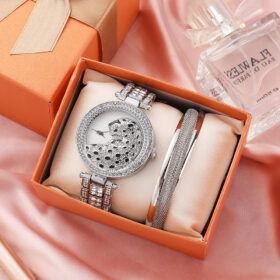 Montre Quartz Strass Motif Léopard avec Diamants - Silver